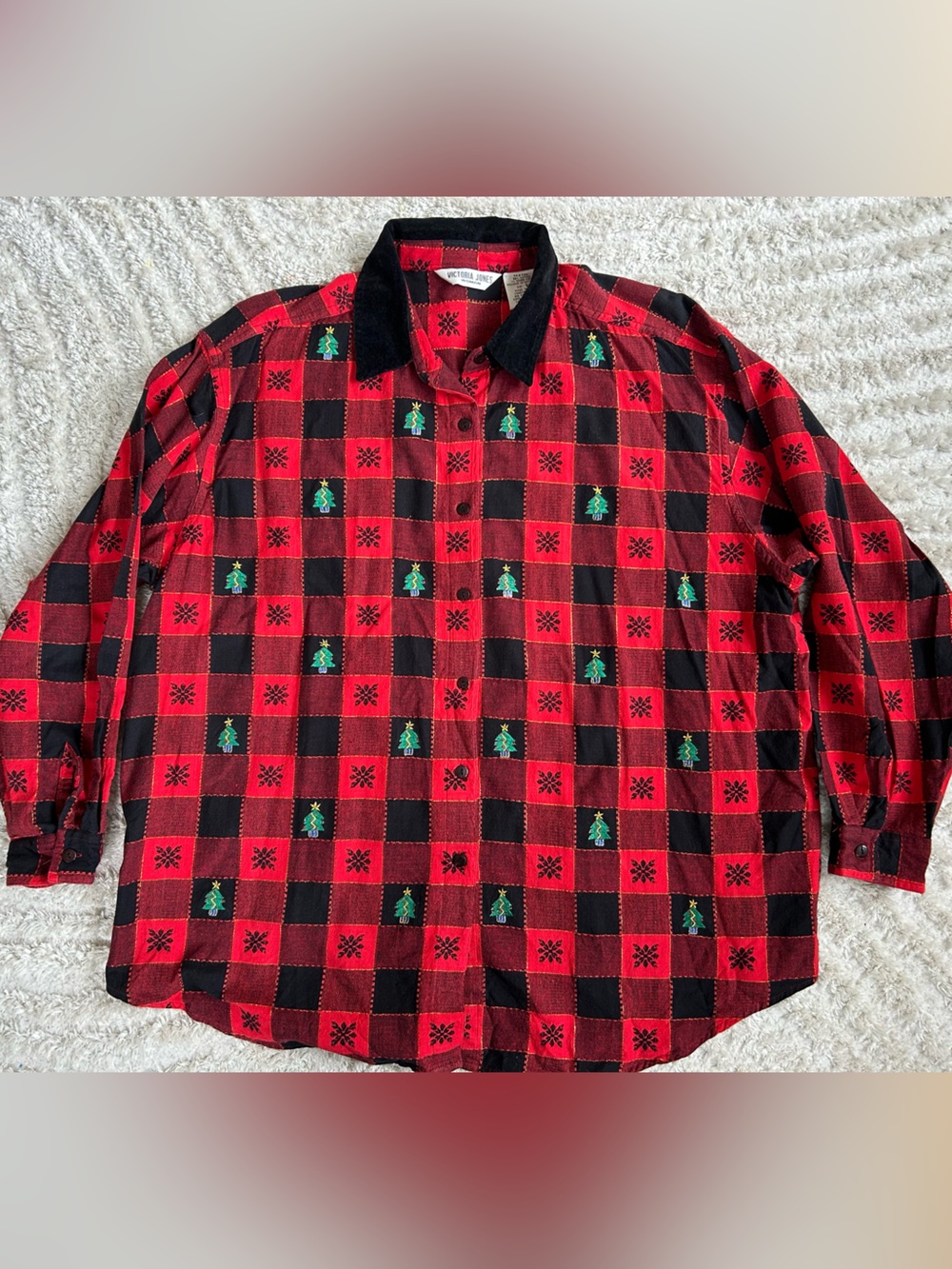 Victoria Red & Black Plaid Holiday Button-Up Shirt with Corduroy Collar